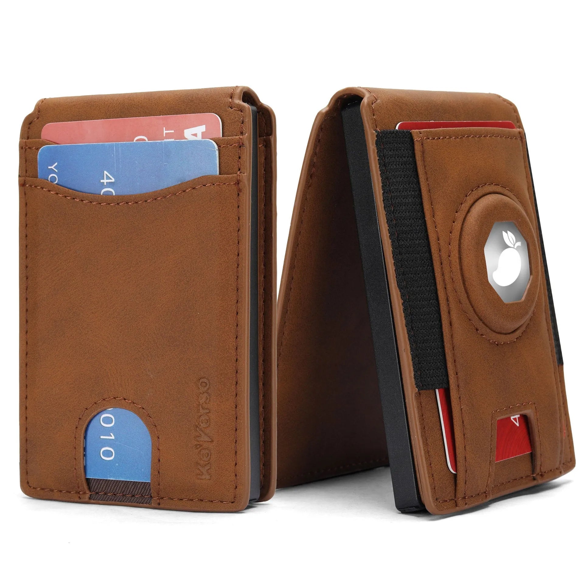 Men's slim RFID blocking card holder wallet in microfiber synthetic leather, shown in black, dark brown, and light brown.
