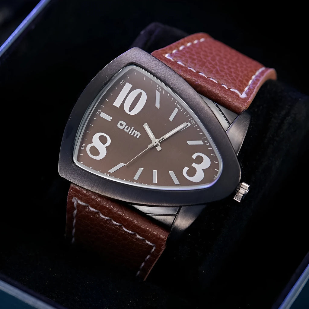 Men's casual watch with a triangular brown leather belt and silver case.