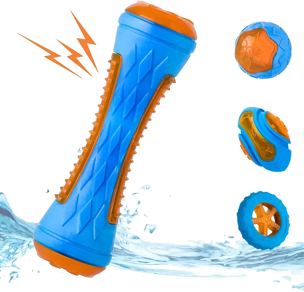 Set of three floating TPR dog toys: a squeaky ball, barbell, and tyre for water fetch.