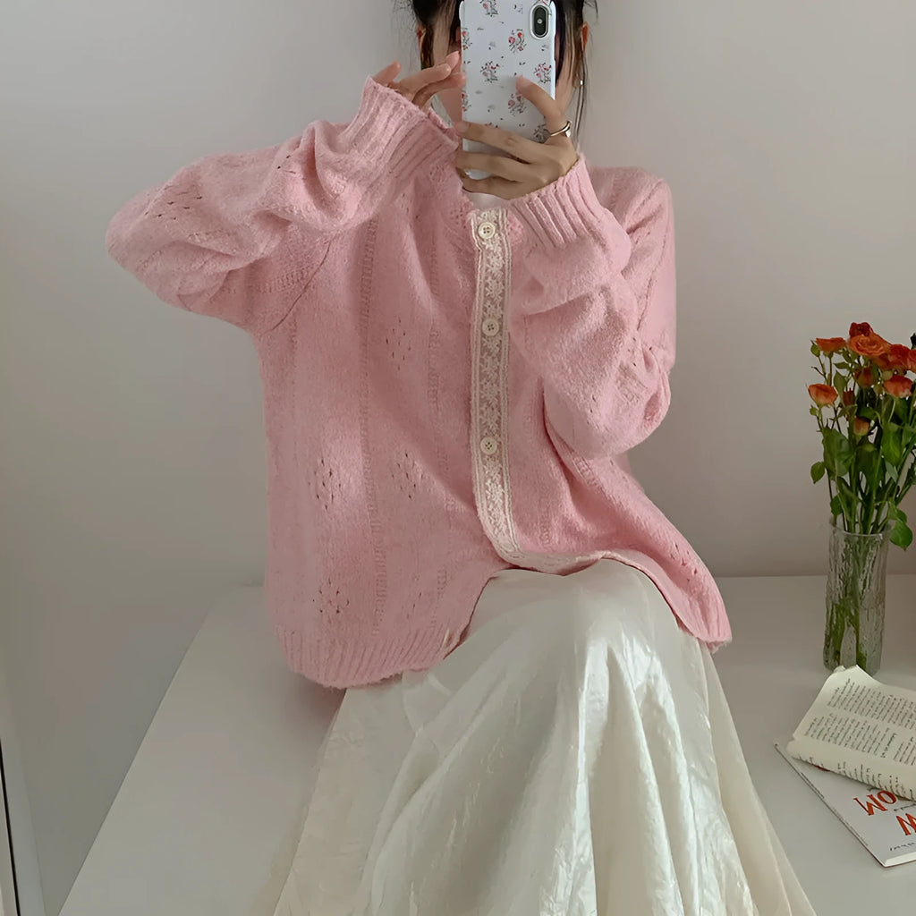 Korean artistic retro style sweater coat in viscose fibre fabric with loose fit and cardigan design
