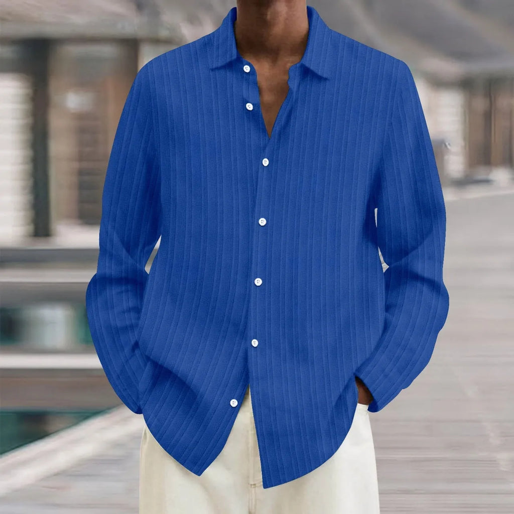 Men's striped long sleeve cardigan shirt in a loose British style fit, showing 3D pattern detail.