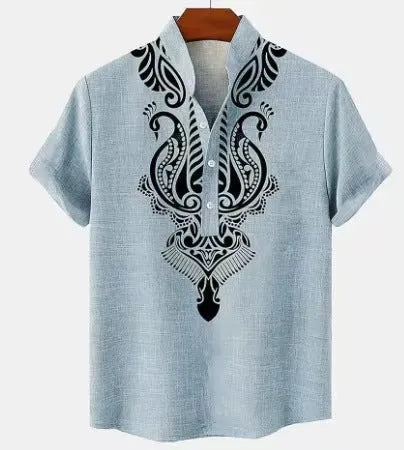 Men's striped loose-fit casual shirt on a hanger, showing button front and sleeve detail.