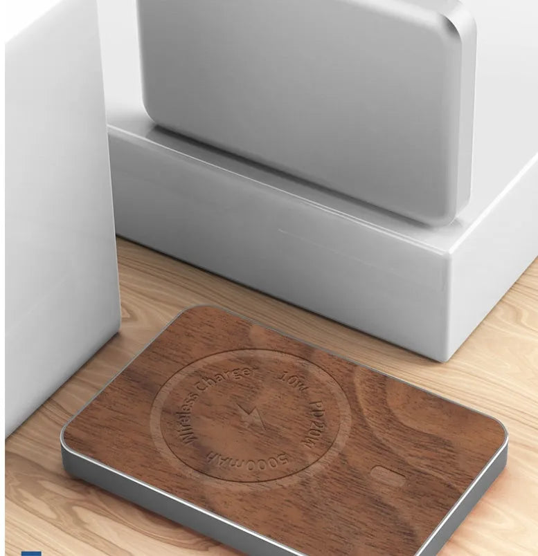 Khaki alloy magnetic wireless charging bank showing compact rectangular design with USB port