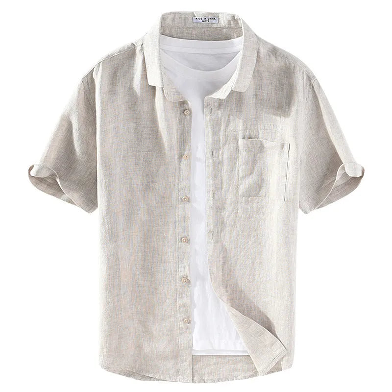 Men's linen casual shirt with square collar and short sleeves in raw jute colour