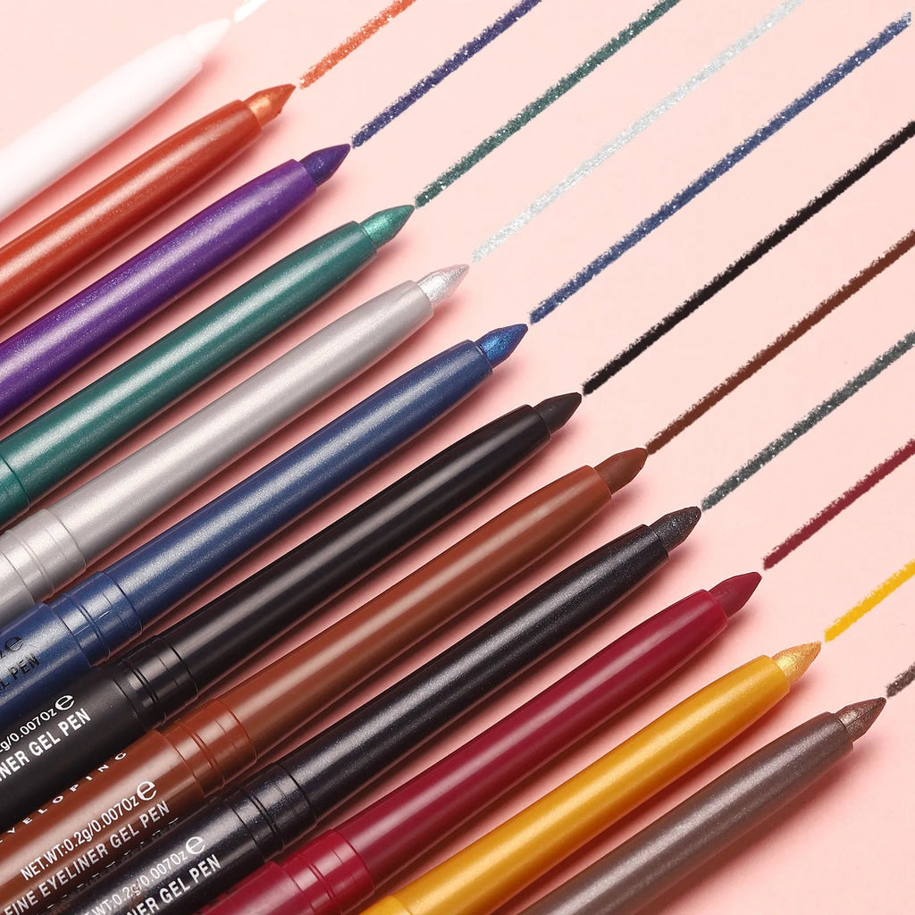 Set of 12 colourful gel glitter eyeliner pencils showing matte, glitter, metallic and pearl shades.