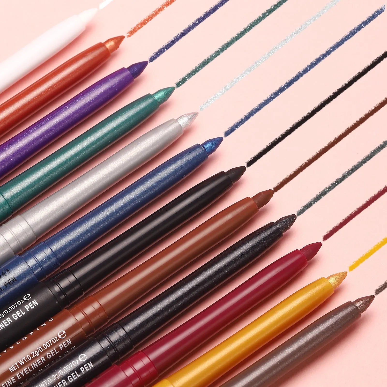 Set of 12 colourful gel glitter eyeliner pencils showing matte, glitter, metallic and pearl shades.