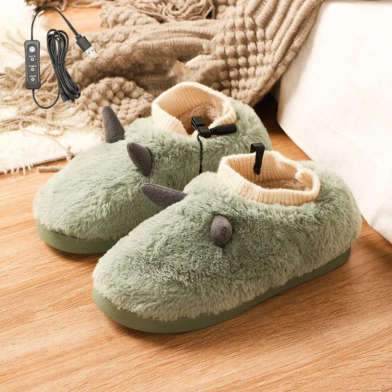 Plush velvet USB heating slippers with a USB cable and power converter, shown in taro purple colour.