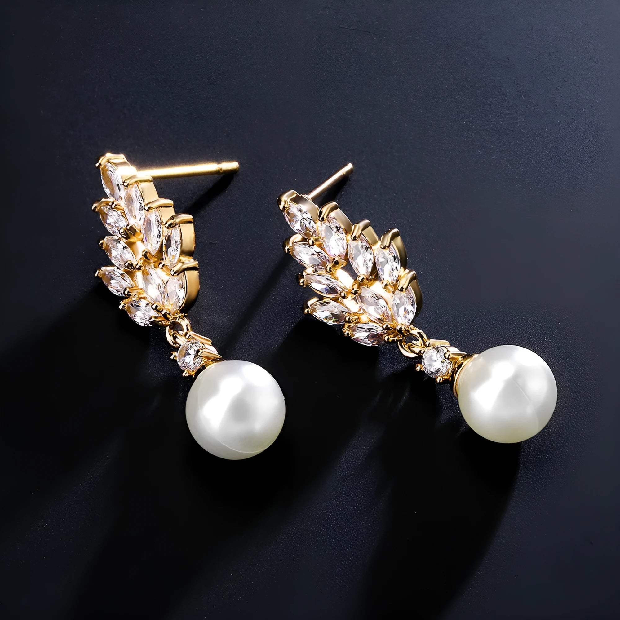 Geometric flower earrings with zircon stones and pearl accents in gold, white gold, or rose gold plating