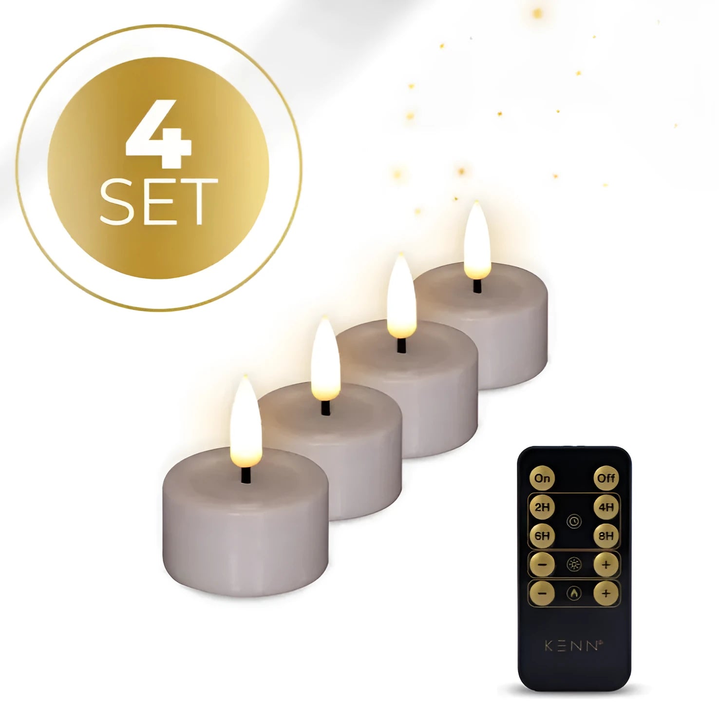Set of four taupe coloured LED tealight candles showing realistic flicker flame effect