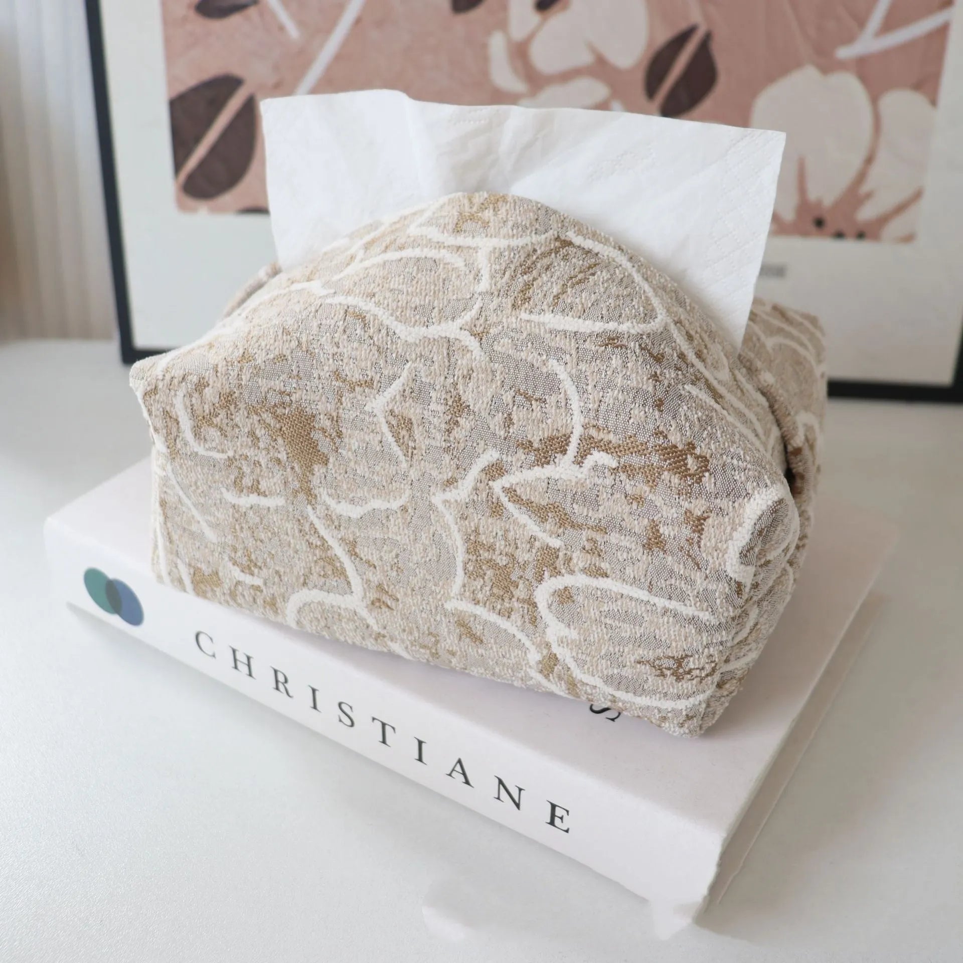 Chinese pastoral style fabric tissue box with rose pattern, 17x11x7cm dimensions in cotton material