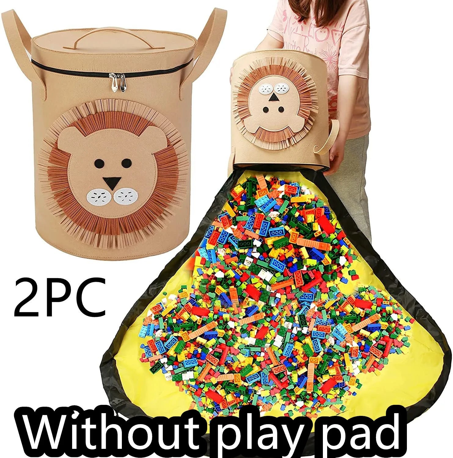 Green felt cube storage bag open as play mat with pull rope closure for toy organisation