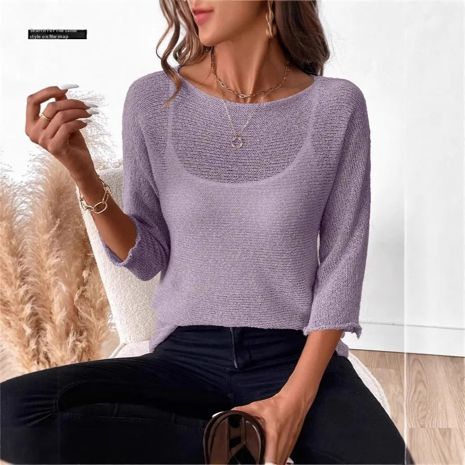 Women's knitted off-shoulder top with 3D pattern in lavender purple colour showing 3/4 sleeve detail