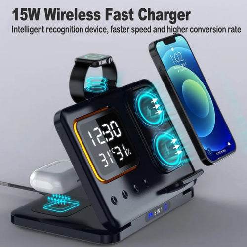 Black and white wireless charging dock station with digital clock display, charging a phone, watch, and headphones.