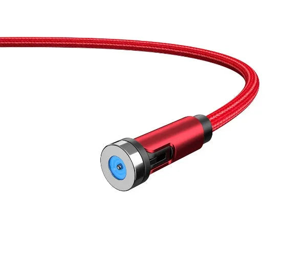 Essager black magnetic USB charging cable showing 360-degree rotating connector and blue LED light.