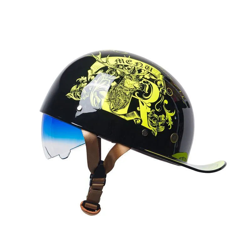 Men's retro half helmet for electric bicycles in bright black gradient blue lens colour