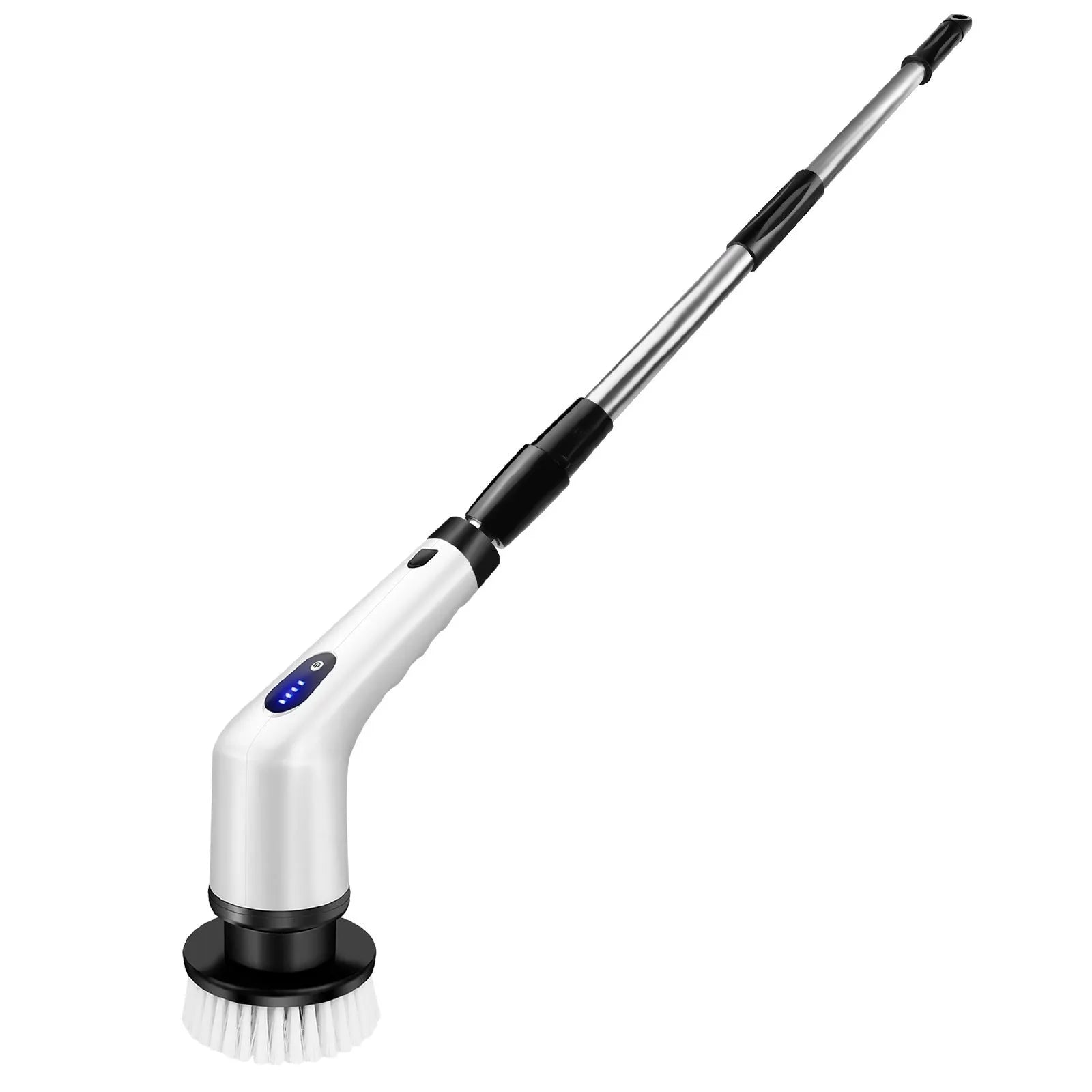 White rechargeable handheld cleaning brush with USB cable on a plain background