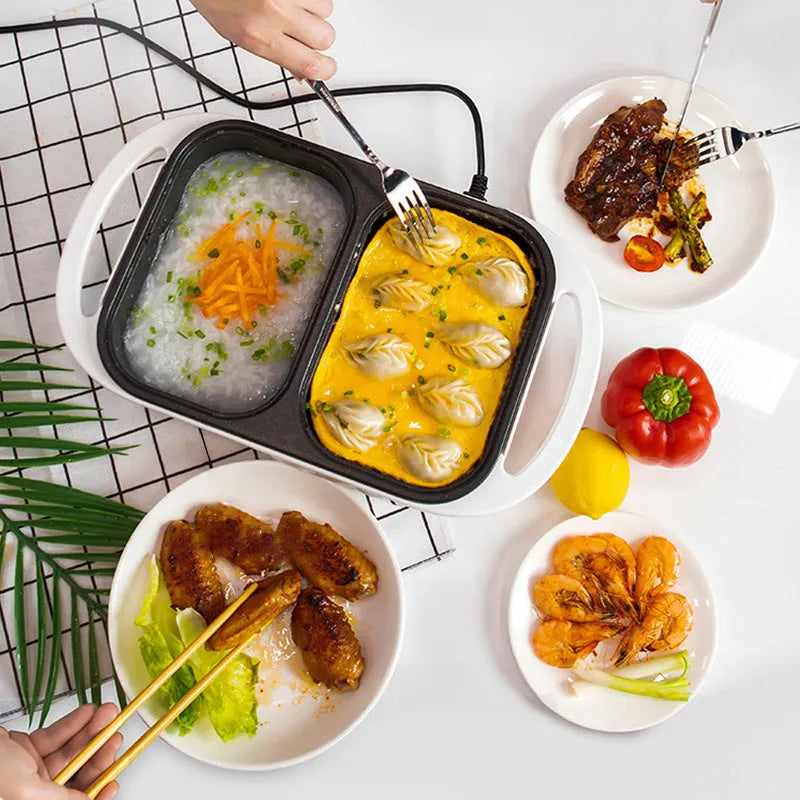White and green dual-function electric caldron and frying oven appliance with mechanical controls