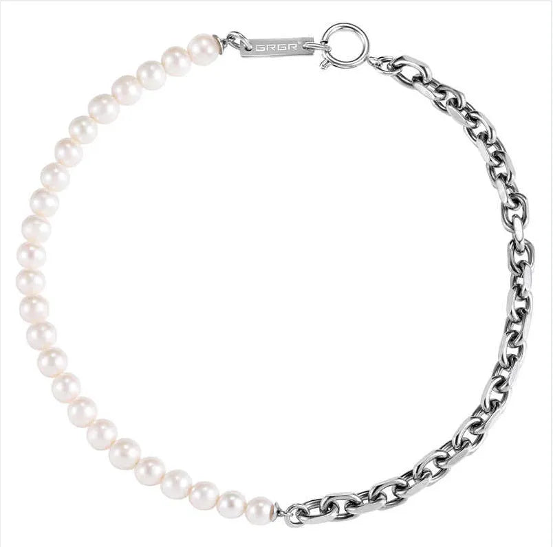 Men's natural pearl necklace with titanium steel chain white 8mm width 45cm length