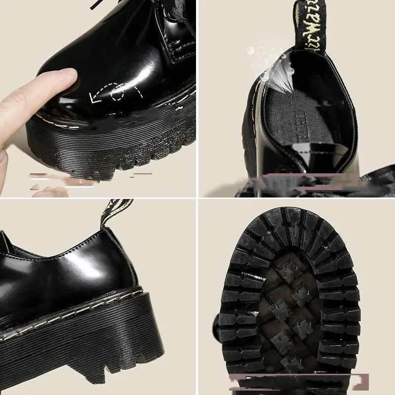Women's thick soled leather shoes with cross strap design and lace closure in black colour