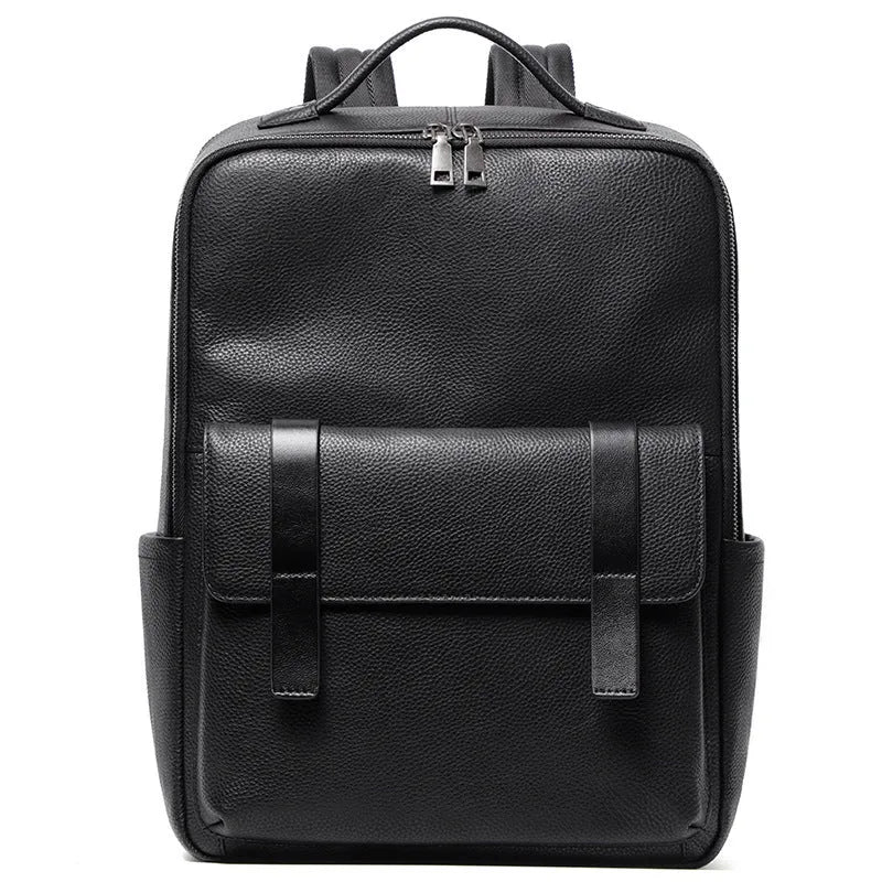 Men's black genuine leather computer backpack with 36-55L capacity and physiological curve back plate
