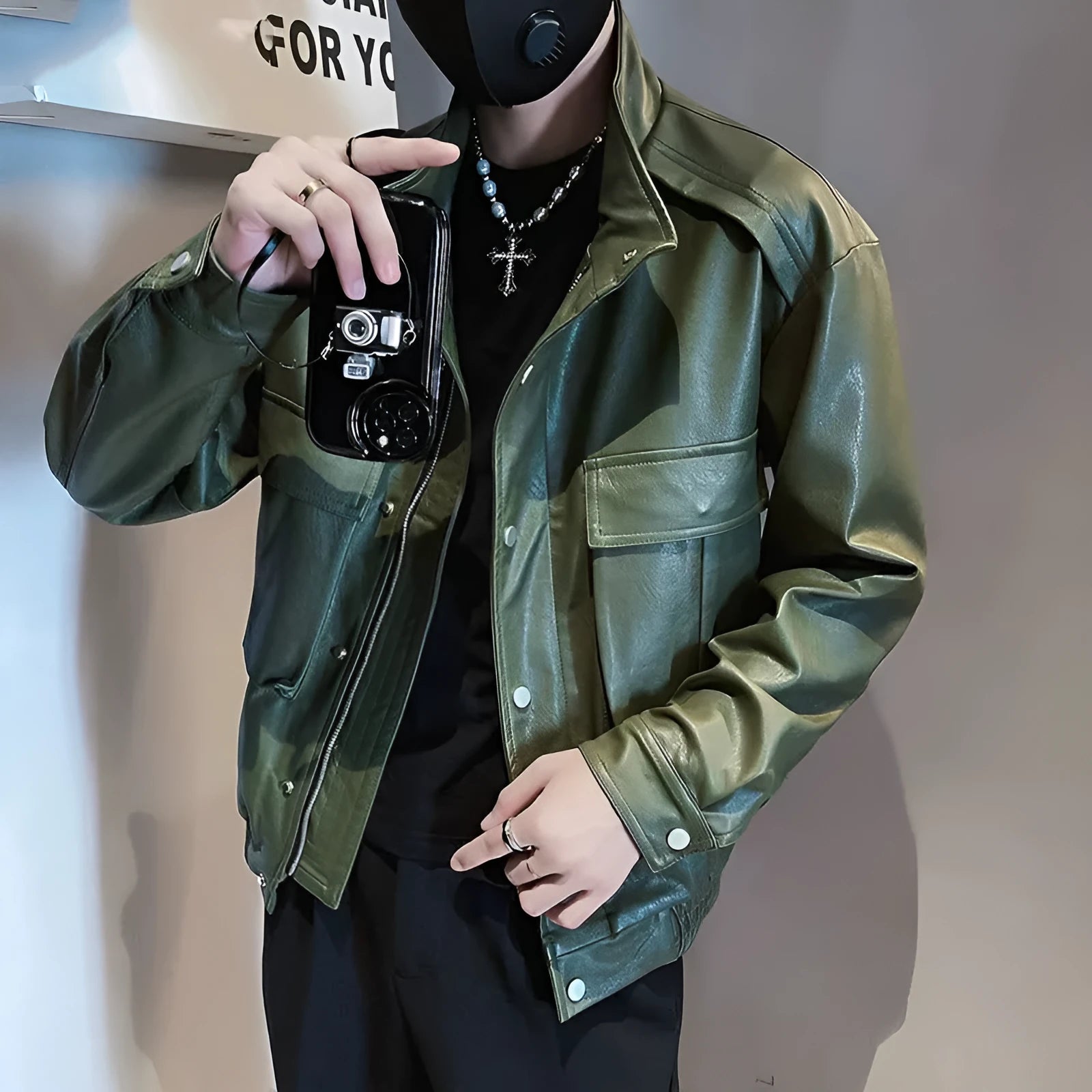 Men's black PU leather pilot jacket with straight hem and side seam pockets, Korean style.