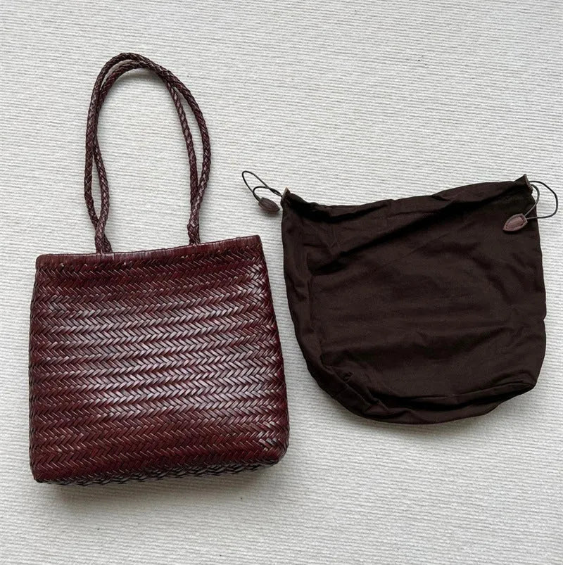 Brown woven genuine cowhide leather tote bag with three-dimensional pockets
