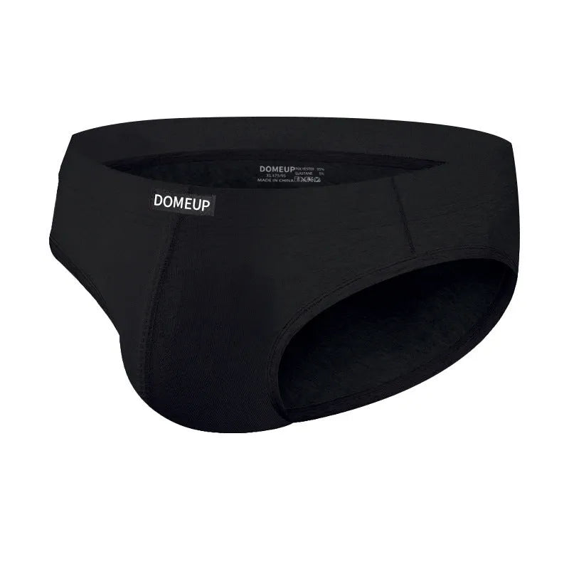 Men's solid colour low waist seamless briefs in black, white, and pink with breathable polyester fabric