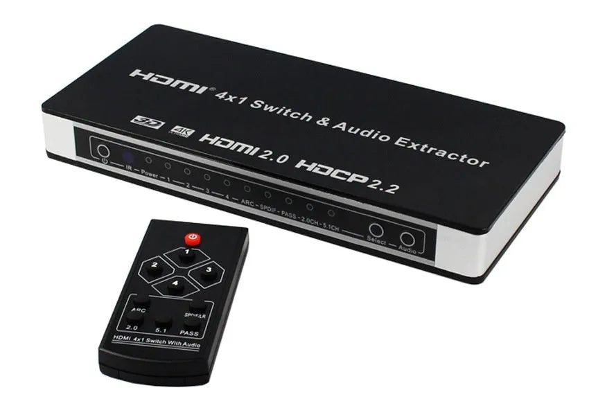 Black HDMI switch box with four input ports, one output port, remote control, and UK power adapter.