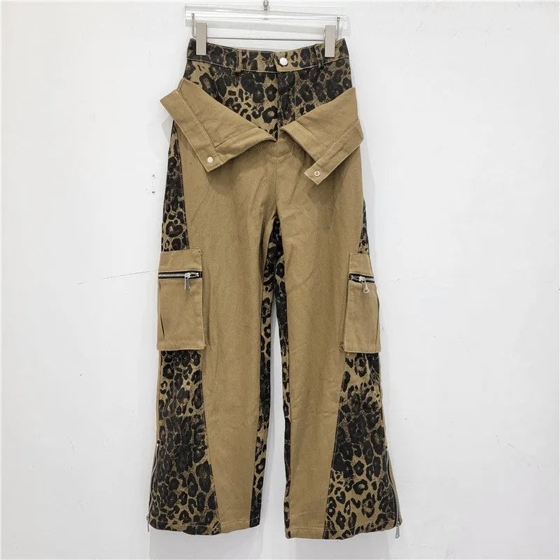 Women's dark khaki high waist straight leg jeans with a leopard print pattern and tooling style stitching detail.