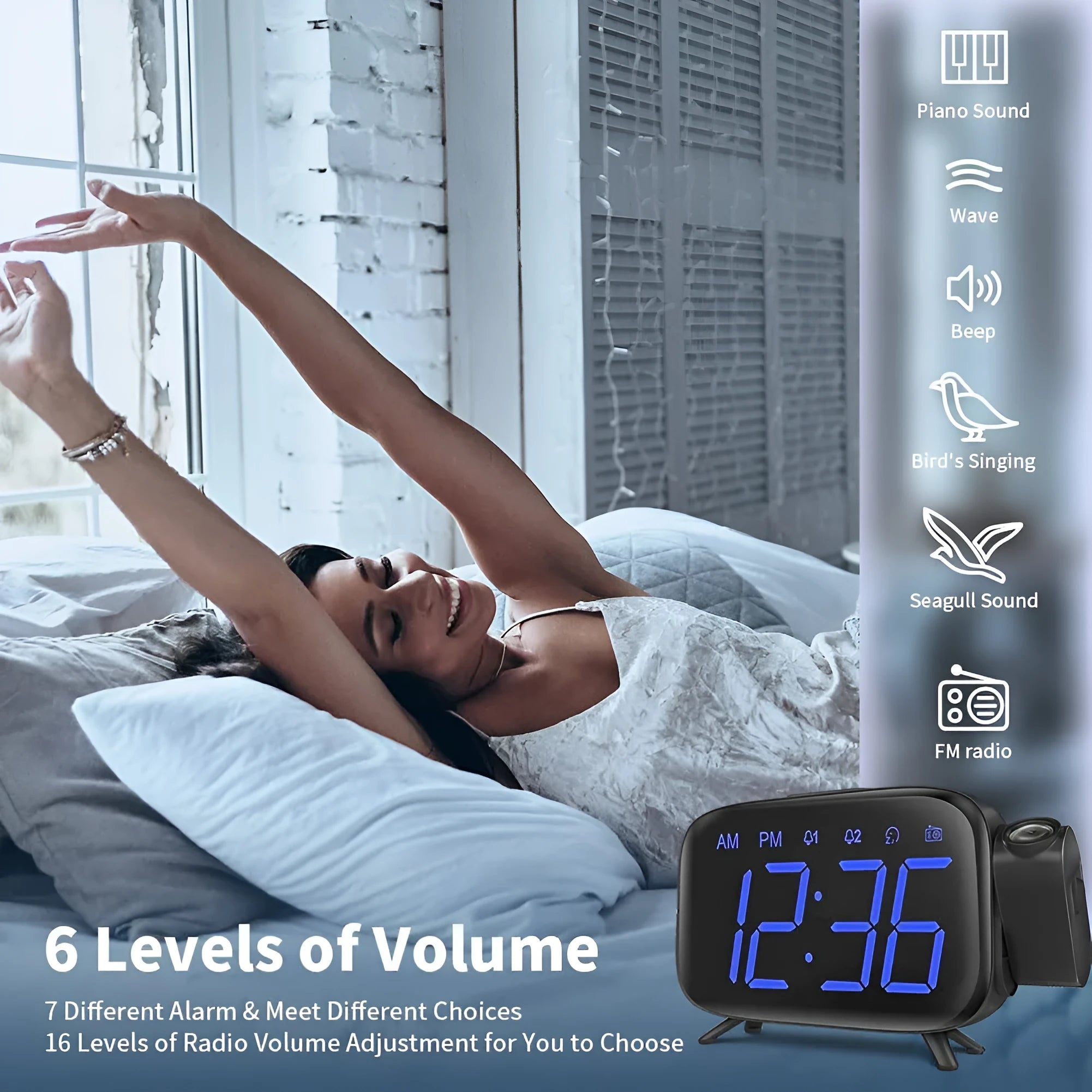 Multifunctional digital projection alarm clock with LED large screen, black, showing time and projection feature