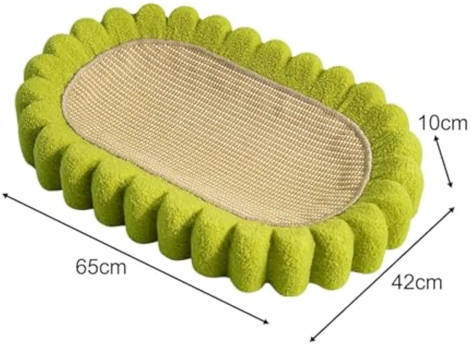 Green oval sisal cat scratcher bed measuring 650mm with scratching surface and lounging area