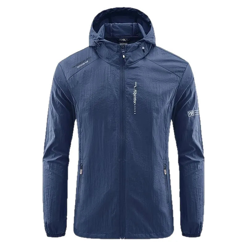 Men's light grey summer hooded jacket in thin nylon fabric with loose fit