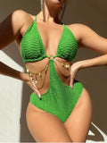 Women's black bikini swimsuit with chain detail on polyester fabric