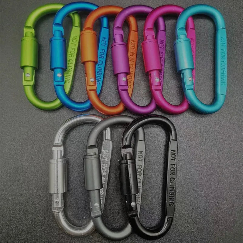 D-type aluminium locking carabiner measuring 8cm in multiple colour options