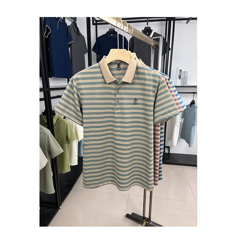 Striped casual men's shirt with mosaic pattern in polyester, available in red, blue, and green colours