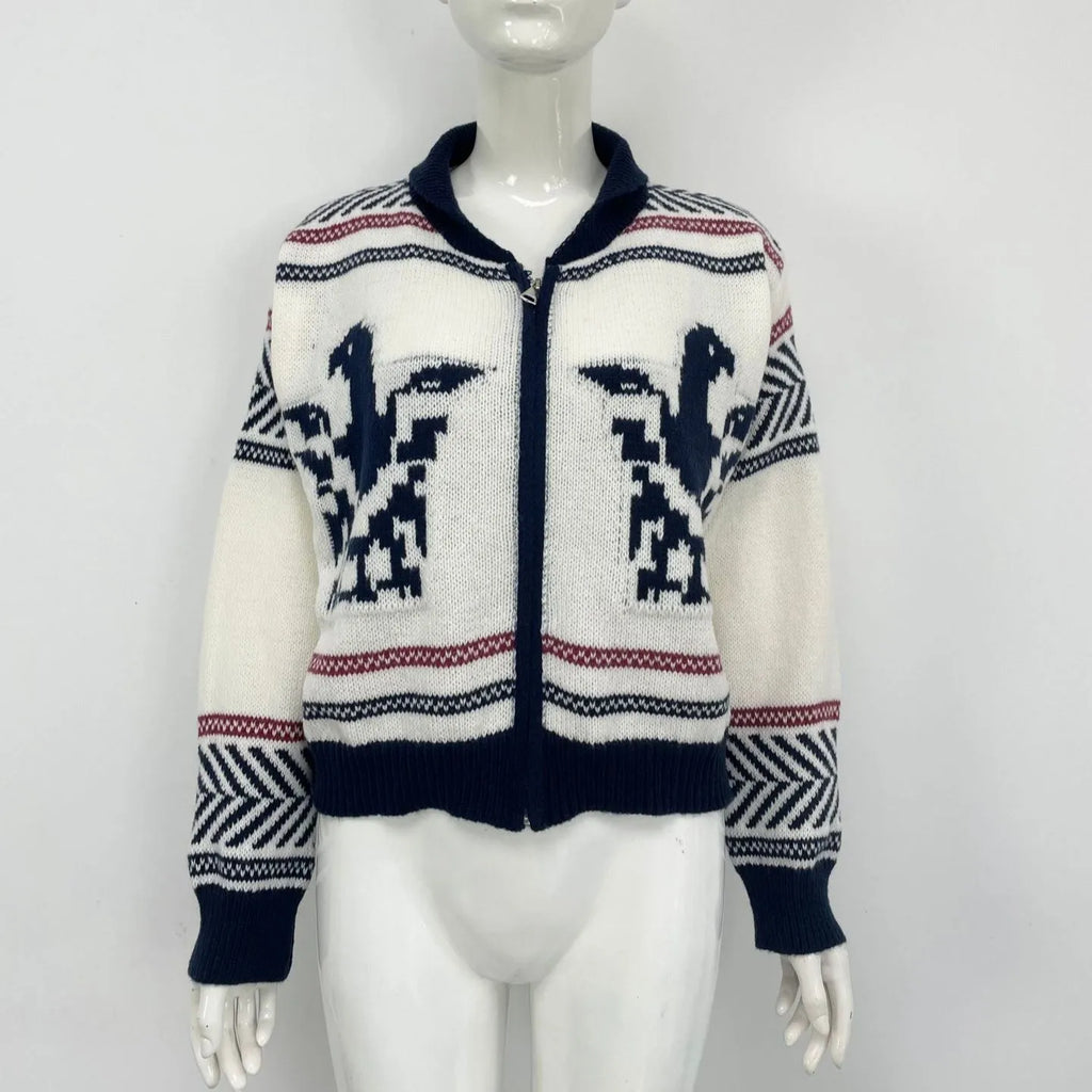 White women's zip-front cardigan with lapel collar and contrast-colour jacquard stripe pattern.