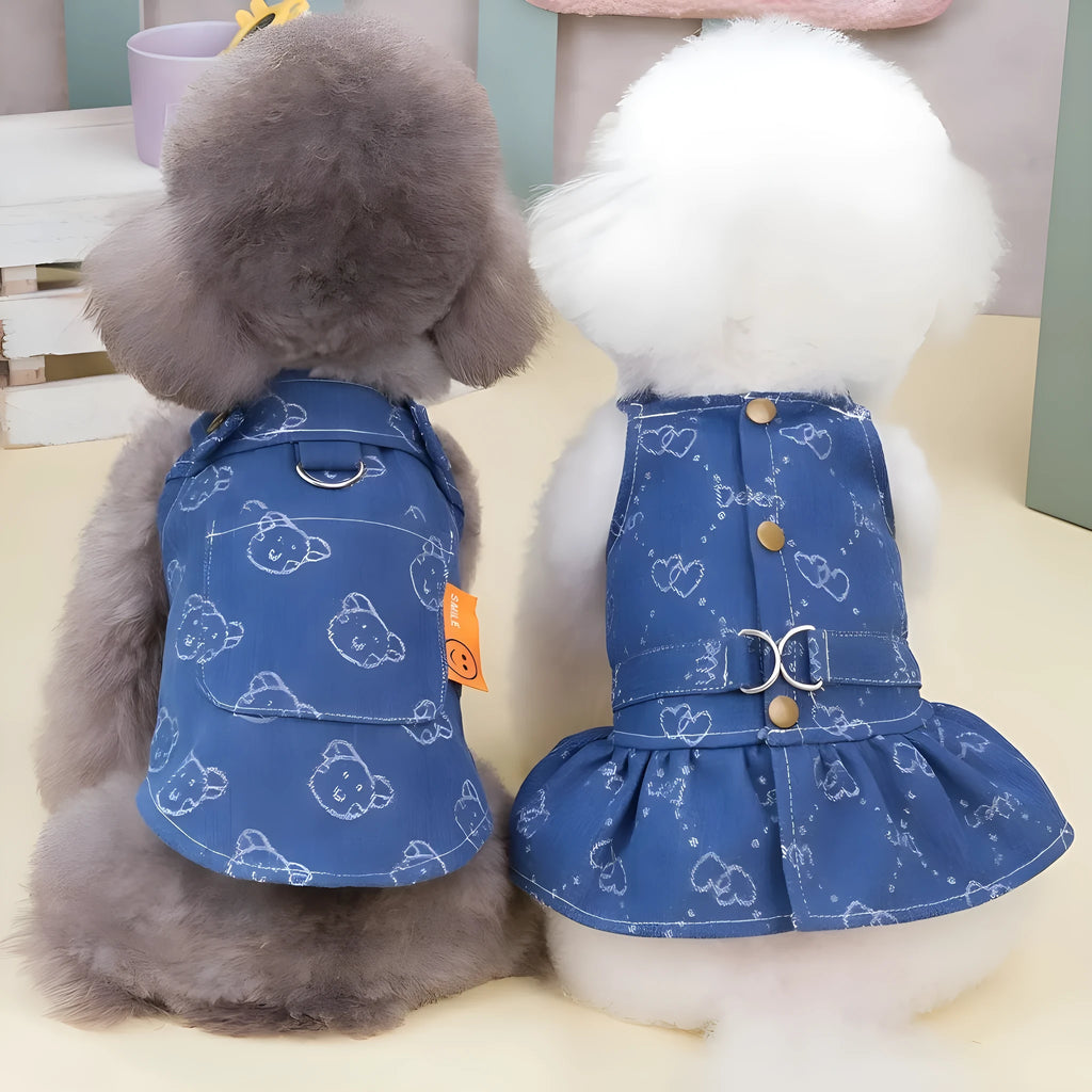 Blue denim dog dress with bracket-style design for small pets in spring and autumn