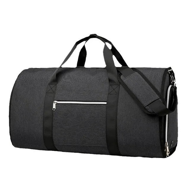 Grey expandable Oxford cloth sports and travel bag with compartments.