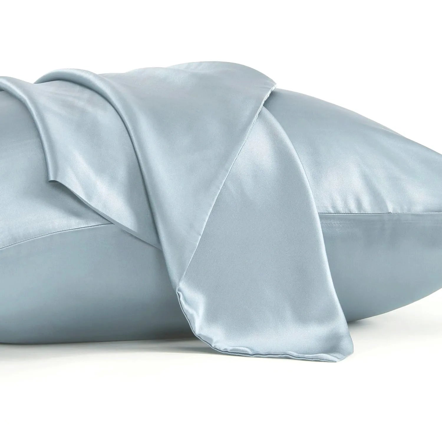 Dark gray envelope closure silk pillowcase on a bed