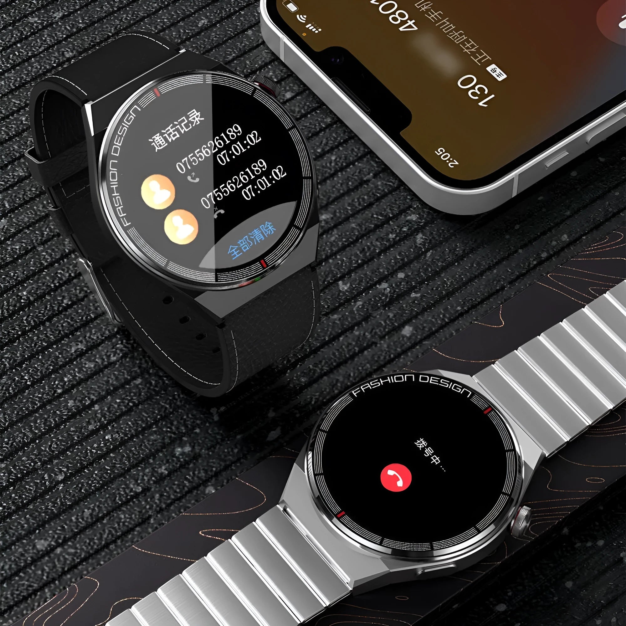 Black smartwatch with circular 46mm dial on a silicone strap, showing a heart rate monitoring display on its screen.