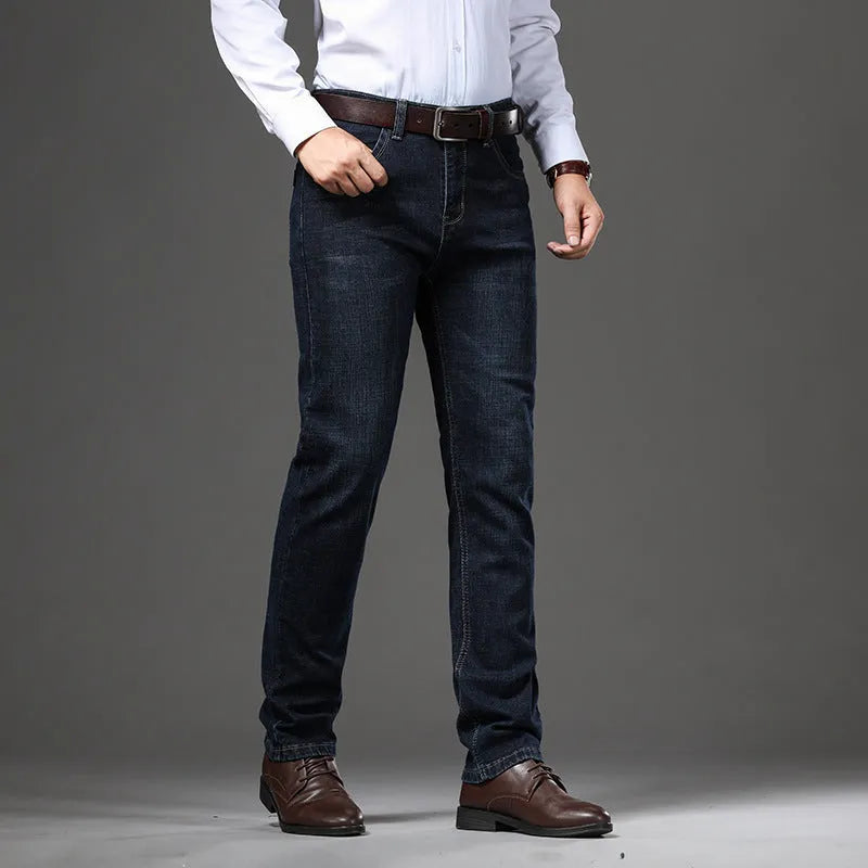 Loose fit straight-leg stretch jeans in black and blue denim for plus sizes