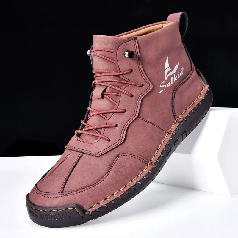 Men's high-top casual boots with elastic band closure and round toe design in dark blue colour