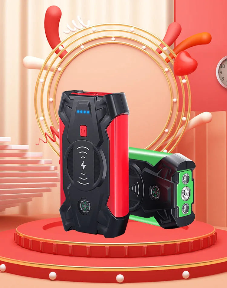 Red car emergency jump starter power bank with digital display and jumper cables