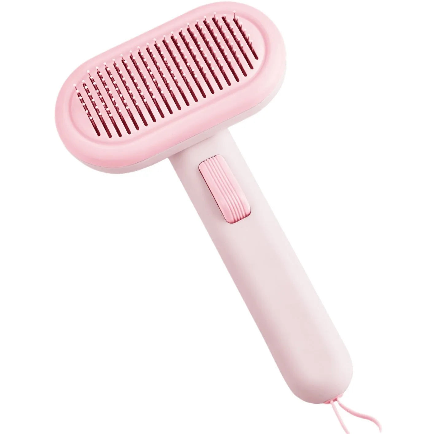 Large light grey pet grooming comb for cats and dogs showing one-click hair removal button.