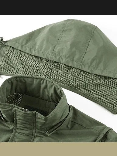 Outdoor shell jacket overalls jacket in khaki with patch pockets, nylon blend, Japanese-style cut