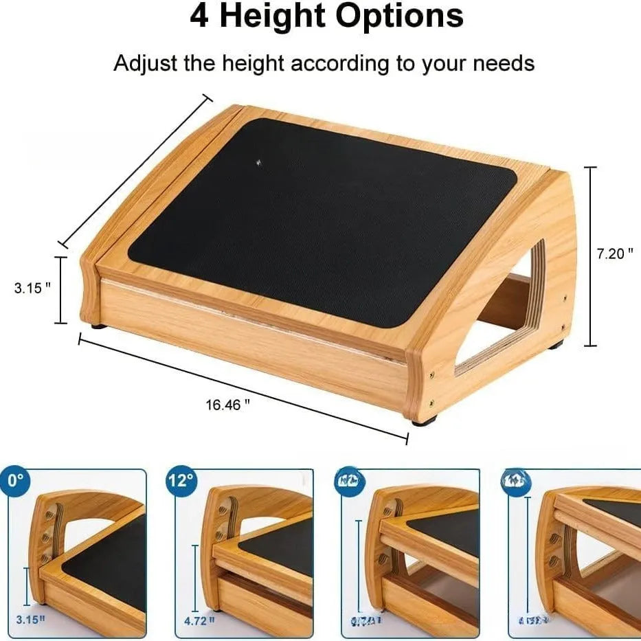 Wooden bamboo adjustable office desk footstool in natural wood colour