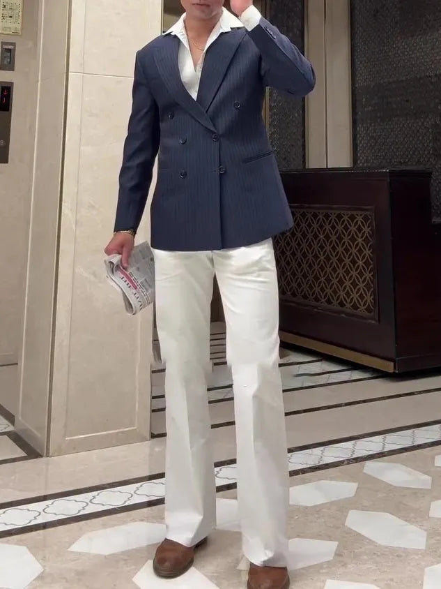 Men's striped double-breasted polyester blazer with regular fit design