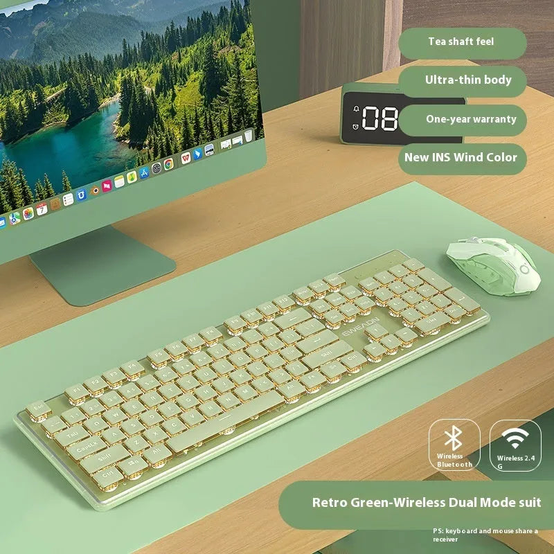 Prewalker V3 wired and wireless keyboard and mouse set in retro green colour on a desk