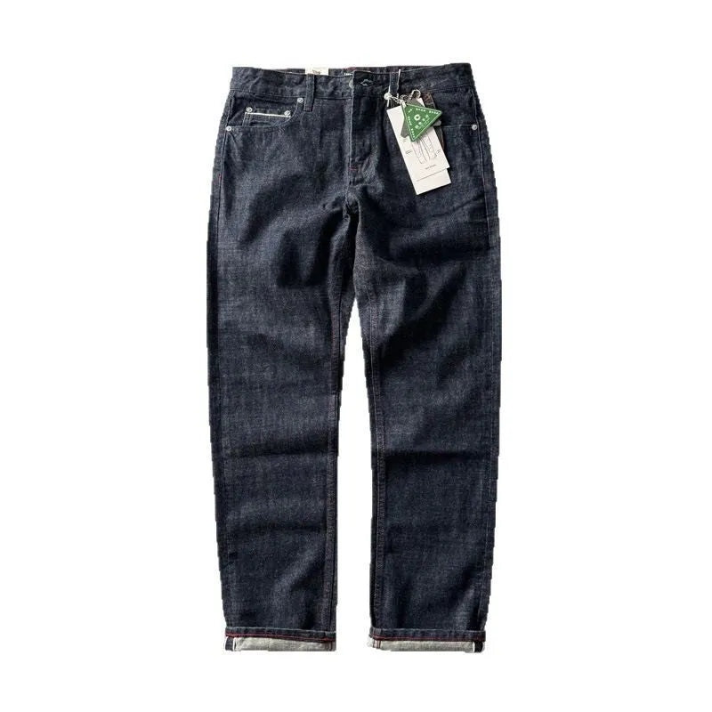 Men's straight-leg denim trousers in primary colour showing mid-waist design and traditional American retro styling