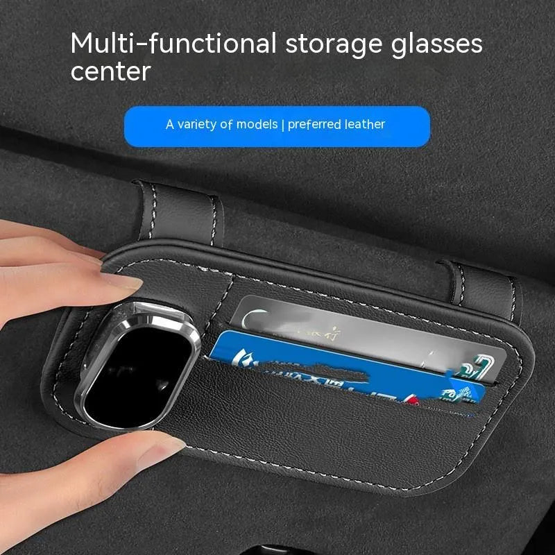 Cowhide leather car sun louver card holder with glasses clip in various colour options